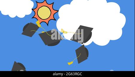 Image de la remise des diplômes de l'université chapeaux sont jetés dans l'air avec le ciel bleu dans le backgro Banque D'Images