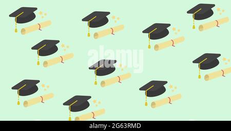 Composition de plusieurs chapeaux de remise des diplômes sur fond vert Banque D'Images