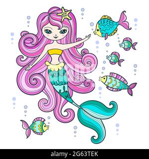 Mignonne petite sirène avec cheveux roses et poissons. Illustration pour enfants. Vecteur Illustration de Vecteur