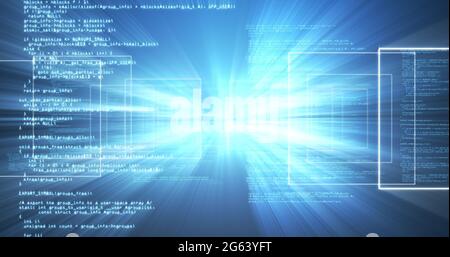 Image du traitement des données et du réseau d'écrans sur fond bleu Banque D'Images