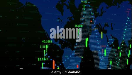 Graphique multicolore et nombres se déplaçant par rapport à la carte du monde en arrière-plan Banque D'Images