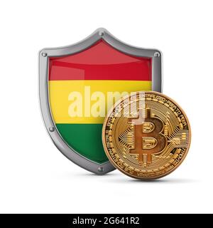 Pièce de monnaie crypto-monnaie Bitcoin devant un bouclier de drapeau bolivien. Rendu 3D Banque D'Images