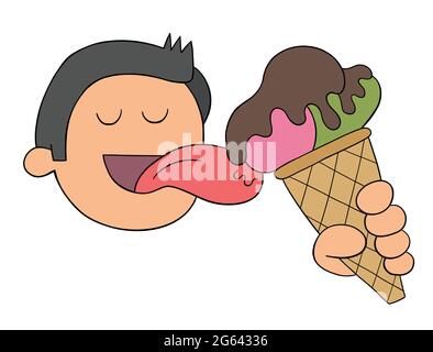 Dessin animé homme lèche glace, illustration vectorielle. Contours colorés et noirs. Illustration de Vecteur