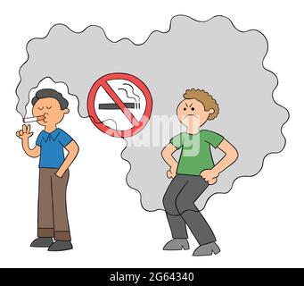 Un homme de dessin animé fume dans un endroit non fumeur et un homme derrière est gêné par la fumée de cigarette, illustration vectorielle. Contours colorés et noirs. Illustration de Vecteur