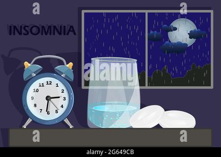 Concept de troubles du sommeil ou d'insomnie. Horloge, verre avec eau et pillule sur fond bleu foncé ciel avec pluie et lune la nuit.illustration vectorielle de stock Illustration de Vecteur