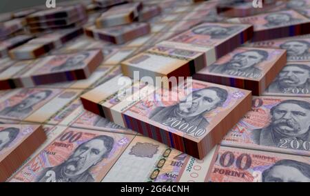 Illustration en 3d du Forint Money Pack hongrois. Piles de billets de banque HUF. Concept de finance, de trésorerie, de crise économique, de réussite commerciale, de récession, banque, Banque D'Images