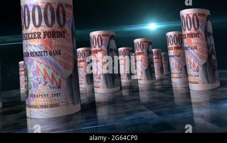 Illustration en 3d du Forint Money Pack hongrois. Piles de billets de banque HUF. Concept de finance, de trésorerie, de crise économique, de réussite commerciale, de récession, banque, Banque D'Images