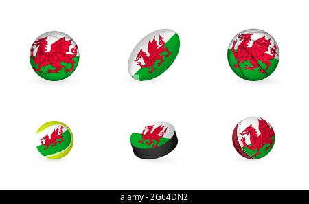 Équipement sportif avec drapeau du pays de Galles. Jeu de football, rugby, basket-ball, tennis, hockey, Cricket. Illustration de Vecteur