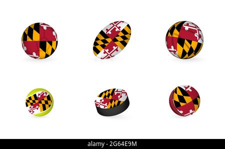 Équipement sportif avec drapeau du Maryland. Jeu de football, rugby, basket-ball, tennis, hockey, Cricket. Illustration de Vecteur