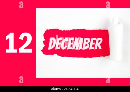 12 décembre. Jour 12 du mois, date du calendrier. Trou rouge dans le papier blanc avec des côtés déchirés avec date calendrier. Concept mois d'hiver, jour de l'année Banque D'Images