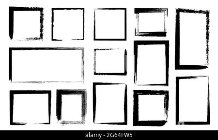 Châssis de grunge. Bordures sales avec traits de pinceau noirs. Entorchez les bords rectangulaires avec texture de détresse. Ensemble de vecteurs de carrés d'esquisse de ligne rugueuse Illustration de Vecteur