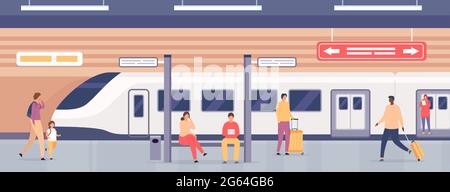 Plate-forme de métro avec des personnes. Les passagers de la station de métro attendent le train. Transports en commun urbains souterrains, concept de vecteur plat Illustration de Vecteur