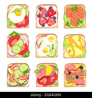 Des sandwichs sains. Délicieux petit déjeuner pain grillé avec avocat et saumon, salade, oeufs et tomate, fraise. Ensemble de sandwichs vectoriels végétariens Illustration de Vecteur