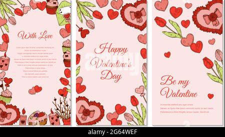 Ensemble de cartes de vœux verticales de Saint-Valentin avec éléments dessinés à la main. Modèle de témoignages sur les médias sociaux. Illustration vectorielle Illustration de Vecteur