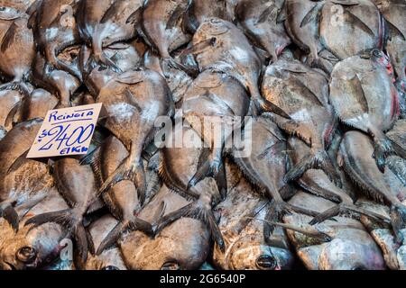 Poisson frais et fruits de mer sur le marché central du Mercado dans le centre de Santiago, Chili Banque D'Images