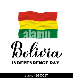 Bolivie jour de l'indépendance calligraphie lettrage isolé sur blanc. Fête nationale célébrée le 6 août. Modèle vectoriel pour poster typographique, gree Illustration de Vecteur