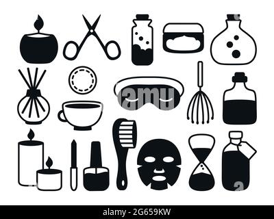 Ensemble d'icônes de glyphes pour le spa et le salon de beauté. Soin de la peau, huile aromatique lotion serviette, masque de sommeil sablier, ciseaux, tasse. Femme santé corps conception graphique plate, application mobile, web design. Illustration vectorielle Illustration de Vecteur