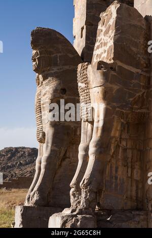 Persepolis, statue de Bull, porte de toutes les nations, porte de Xerxès, capitale de l'empire achéménide, province de Fars, Iran, Perse, Asie occidentale,Asie Banque D'Images