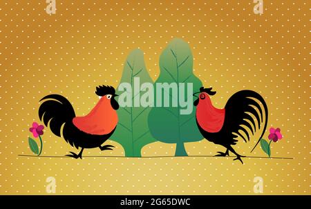 Illustration graphique deux poulets, noir et rouge, poulet avec deux arbres verts et fleur rose sur fond dégradé jaune et motif à points blancs Illustration de Vecteur