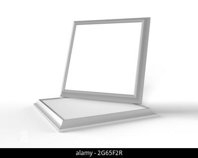 Cadres photo, isolés sur fond blanc avec ombres calées et toile blanche pour maquette et illustration. Profil de cadre en aluminium, cadre extensible. Banque D'Images