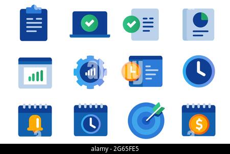 ensemble d'icônes collection de notification d'équipement de productivité calendrier gestion de projet alerte cloche cible de la liste des tâches en bleu Illustration de Vecteur