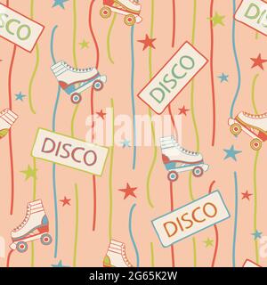Motif vectoriel sans couture avec patins à roulettes sur fond rose. Rétro disco Party répéter le papier peint avec des étoiles. Illustration de Vecteur