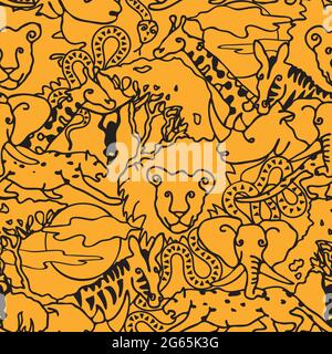 Motif vectoriel sans couture avec animaux safari sur fond jaune. Papier peint pour les enfants. Textile de mode animal tropical simple. Illustration de Vecteur