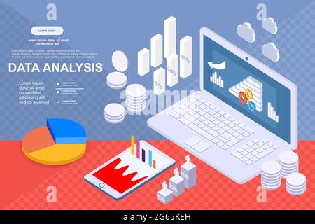 modèle d'analyse des données métiers 3d infographique. Graphiques et analyse des statistiques pour le site Web Illustration de Vecteur