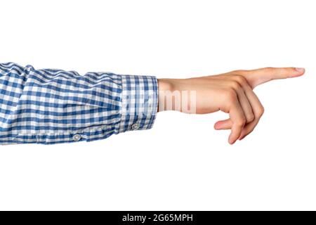 les personnes mains dans une chemise toucher ou point isolé sur bahackground blanc Banque D'Images