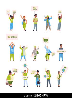 set les activistes de l'environnement tenant des affiches vont vert sauver planète grève concept mix de course des manifestants faisant campagne pour protéger la terre manifestant contre Illustration de Vecteur