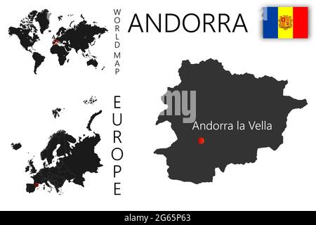 Carte vectorielle réaliste d'Andorre avec drapeau. L'emplacement du pays sur la carte du monde et de l'Europe. Une silhouette avec des bordures détaillées des s. Illustration de Vecteur