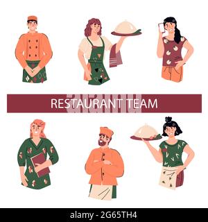 Ensemble de portraits demi-longueur de personnages d'équipe de restaurant, illustration vectorielle plate isolée sur fond blanc. Serveurs et cuisiniers, hôtesse et service St Illustration de Vecteur