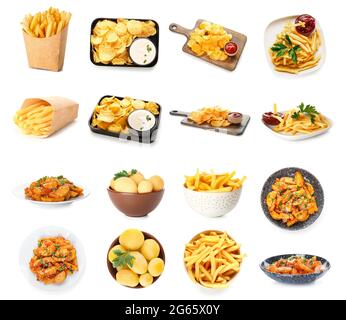 Différents plats de pommes de terre sur fond blanc Banque D'Images