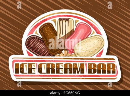 Logo Vector pour Ice Cream Bar, panneau décoratif avec illustration de 5 popsicle de chocolat coloré, affiche avec inscription unique au pinceau f Illustration de Vecteur