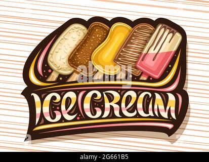 Logo Vector pour Ice Cream Bar, panneau décoratif avec illustration de 5 popsicle coloré avec noix dans une rangée, affiche avec brosse unique l Illustration de Vecteur