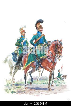officier et trompe du 5e régiment de chevau-légers lanciers sous le 1er Empire Banque D'Images