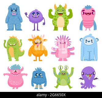 Monstres amusants. Dessins animés mignons et créatures effrayantes avec des cornes et des dents. Halloween monstre et personnages étrangers. Ensemble de vecteurs de monstres amicaux Illustration de Vecteur