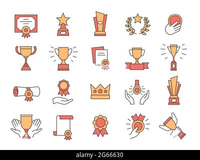 Icônes de trophées. Prix et coupes d'or du gagnant. Certificat de qualité supérieure, diplôme avec médaille et ruban. Ensemble de vecteurs de symbole de ligne de réussite Illustration de Vecteur