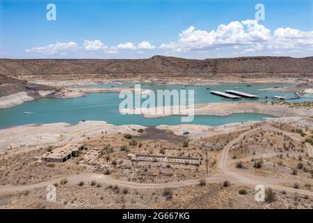 Vérité ou conséquences, Nouveau-Mexique - le réservoir Elephant Butte sur le Rio Grande contient de l'eau pour le sud du Nouveau-Mexique et l'ouest du Texas, mais ne l'est que Banque D'Images