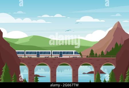 Illustration du vecteur plat du train de vitesse sur pont de pierre. Véhicule ferroviaire moderne sur fond pittoresque. Beau paysage avec public contemporain Illustration de Vecteur