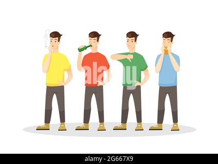 Illustration du vecteur plat des mauvaises habitudes. Tabagisme, dépendance à l'alcool et excès de nourriture rapide. Les gens avec la cigarette, les hommes avec la bouteille et le dessin animé de hamburger Illustration de Vecteur