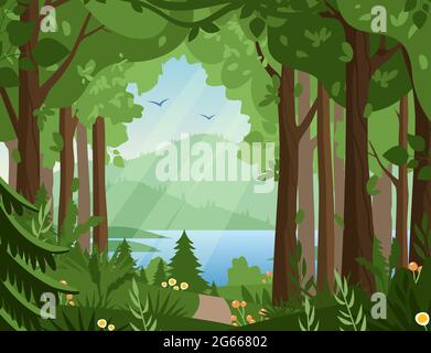 Illustration vecteur forêt paysage à vecteur plat. Paysage de forêt, panorama de la faune, lac et montagnes, scène de terrain vallonné. Nature, été Illustration de Vecteur