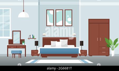 Chambre intérieure décor plat coloré concept illustration vectorielle avec mobilier et fenêtre Illustration de Vecteur