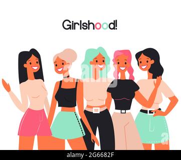 Girlshood, copines, femmes équipe plat couleur vecteur illustration concept Illustration de Vecteur