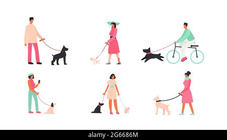 Jeu d'illustrations vectorielles plates People with Dogs. Promenade matinale, loisirs avec animaux de compagnie, loisirs. Hommes et femmes marchant amis à quatre pattes dessin animé Illustration de Vecteur