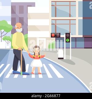 Illustration de vecteur plat de passage d'un vieil homme de rue. Tableau de concordance, feux de signalisation. Concept d'assistance aux personnes âgées. Grand-père et petite fille Illustration de Vecteur