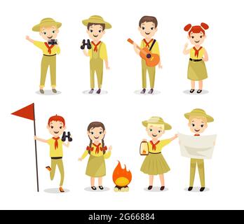 Ensemble d'illustrations vectorielles plates de Scouts. Enfants avec équipement de randonnée, activités de camp d'été. Camping, sortie, loisirs d'été. Petits campeurs Illustration de Vecteur