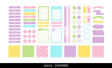 Jeu d'illustrations vectorielles plates d'autocollants pastel. Éléments de calendrier et de bloc-notes. Signets et rappels, jolis backdrops. Espace de texte et de parole du message Illustration de Vecteur