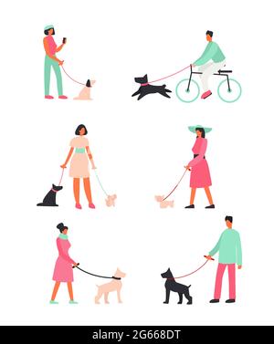 Illustration vectorielle mettre les personnes avec des chiens debout et marchant à l'extérieur. Des gens heureux marchant avec des chiens drôles. Illustrations de style dessin animé plat. Illustration de Vecteur