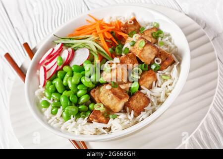 gros plan d'un bol à poke de tofu avec du riz basmati, des haricots édamames, du radis, du concombre finement coupé et des carottes dans un bol blanc avec des baguettes, v horizontal Banque D'Images